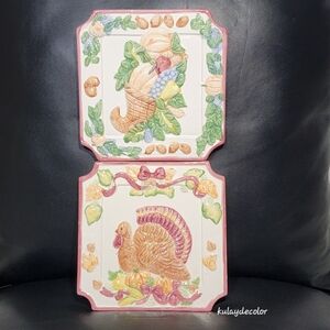 Vintage Hermitage Pottery Thanksgiving Trivet Set Turkey Cornucopia Fall Harvest